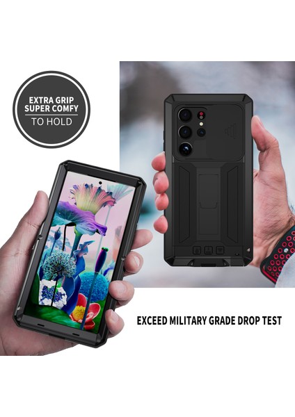 Samsung Galaxy S23 Ultra Slayt Kamera Lid Pc+Silikon+Metal Telefon Önleyici Kılıf Kılıfı Gizli Kickstand Arka Kapak Temsil Edilmiş Cam Ekran Koruyucu (Yurt Dışından) indirimleri
