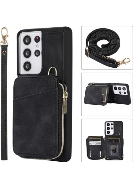 Samsung Galaxy S23 Için Ultra Kickstastan Seless Kılıf Zipper Kart Torbası Deri+Tpu Telefon Kapağı Kayışlarla (Yurt Dışından)