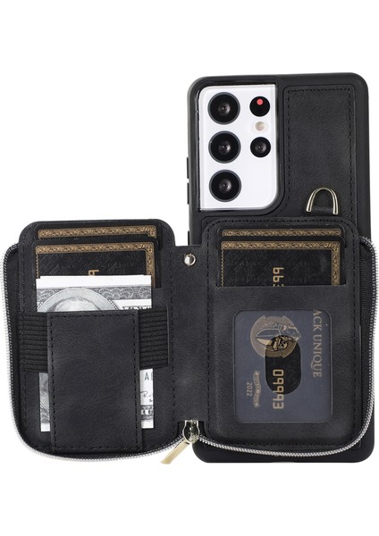 Samsung Galaxy S23 Için Ultra Kickstastan Seless Kılıf Zipper Kart Torbası Deri+Tpu Telefon Kapağı Kayışlarla (Yurt Dışından)