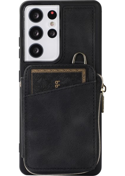 Samsung Galaxy S23 Için Ultra Kickstastan Seless Kılıf Zipper Kart Torbası Deri+Tpu Telefon Kapağı Kayışlarla (Yurt Dışından)