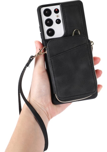 Samsung Galaxy S23 Için Ultra Kickstastan Seless Kılıf Zipper Kart Torbası Deri+Tpu Telefon Kapağı Kayışlarla (Yurt Dışından)