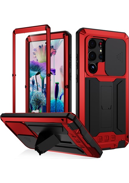 Samsung Galaxy S23 Ultra Slayt Kamera Lid Pc+Silikon+Metal Telefon Önleyici Kılıf Kılıfı Gizli Kickstand Arka Kapak Temsil Edilmiş Cam Ekran Koruyucu (Yurt Dışından)