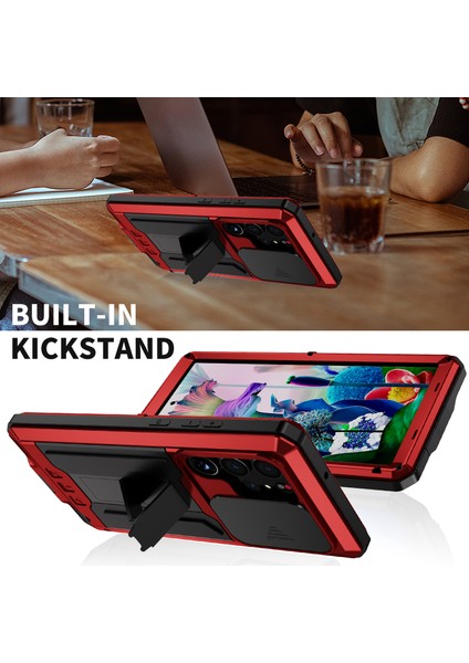Samsung Galaxy S23 Ultra Slayt Kamera Lid Pc+Silikon+Metal Telefon Önleyici Kılıf Kılıfı Gizli Kickstand Arka Kapak Temsil Edilmiş Cam Ekran Koruyucu (Yurt Dışından) fiyatları