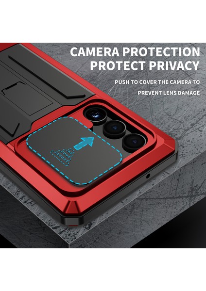Samsung Galaxy S23 Ultra Slayt Kamera Lid Pc+Silikon+Metal Telefon Önleyici Kılıf Kılıfı Gizli Kickstand Arka Kapak Temsil Edilmiş Cam Ekran Koruyucu (Yurt Dışından) modelleri