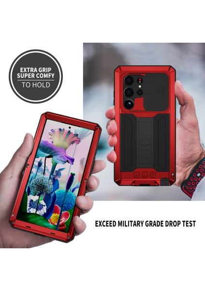 Samsung Galaxy S23 Ultra Slayt Kamera Lid Pc+Silikon+Metal Telefon Önleyici Kılıf Kılıfı Gizli Kickstand Arka Kapak Temsil Edilmiş Cam Ekran Koruyucu (Yurt Dışından) indirimleri