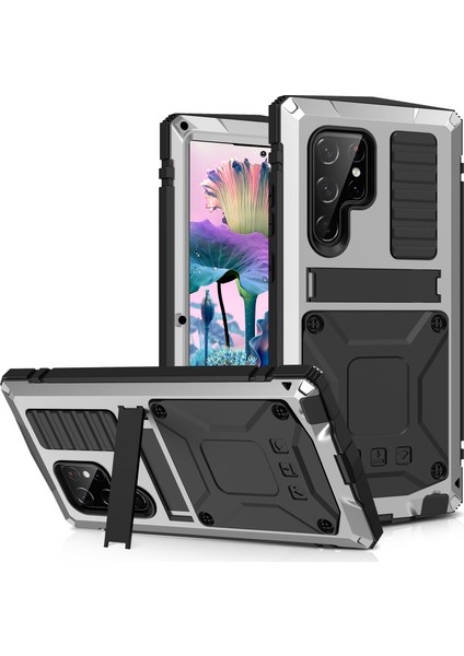 Samsung Galaxy S23 Ultra Pc+Silikon+Metal Su Geçirmez Bırakma Korumalı Kılıf Hafif Cam Ekran Koruyucu ile Gizli Kickstand Back Cover (Yurt Dışından)