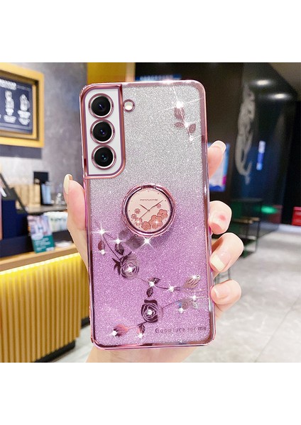 Samsung Galaxy S23 Için Artı Halka Kickstand Çiçek Deseni Rhinestone Dekoru Glitter Yumuşak Tpu Telefon Arka Kapak (Yurt Dışından)