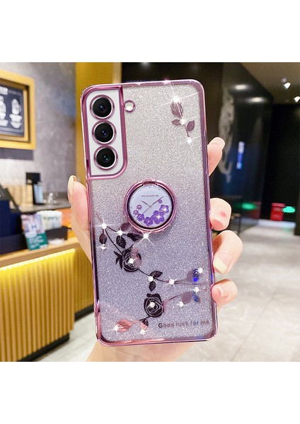 Samsung Galaxy S23 Için Artı Halka Kickstand Çiçek Deseni Rhinestone Dekoru Glitter Yumuşak Tpu Telefon Arka Kapak (Yurt Dışından)