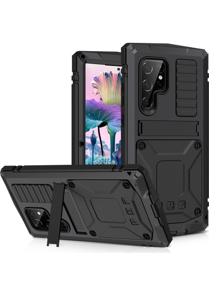 Samsung Galaxy S23 Ultra Pc+Silikon+Metal Su Geçirmez Bırakma Korumalı Kılıf Hafif Cam Ekran Koruyucu ile Gizli Kickstand Back Cover (Yurt Dışından)