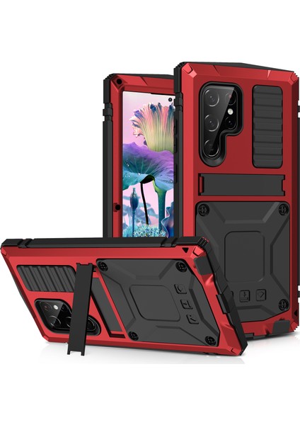 Samsung Galaxy S23 Ultra Pc+Silikon+Metal Su Geçirmez Bırakma Korumalı Kılıf Hafif Cam Ekran Koruyucu ile Gizli Kickstand Back Cover (Yurt Dışından)