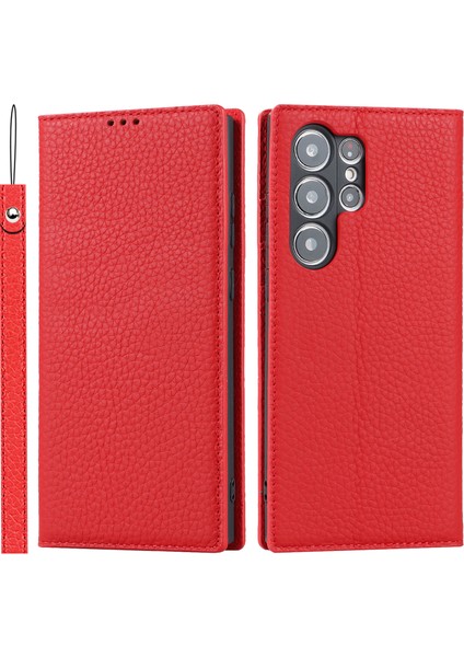 Samsung Galaxy S23 Için Ultra Anti-Dut Litchi Doku Orijinal Deri Kılıf Flip Cüzdan Stand Telefon Koruyucu Kapak El Kayışı (Yurt Dışından)