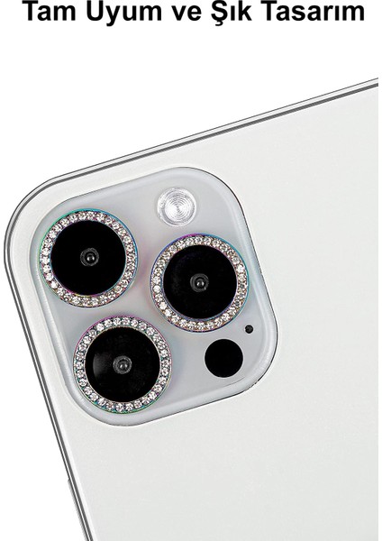 Apple iPhone 11 ile Uyumlu Gökkuşağı Taşlı Tasarım Temperli Cam Kamera Lens Koruyucu