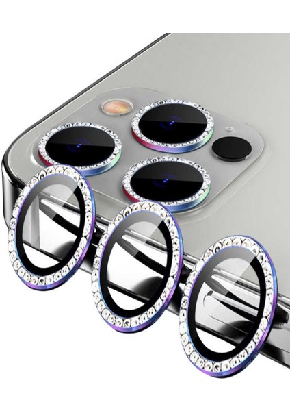Apple iPhone 11 Pro Max ile Uyumlu Gökkuşağı Taşlı Tasarım Temperli Cam Kamera Lens Koruyucu