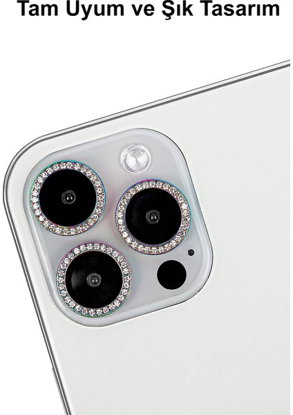 Apple iPhone 11 Pro Max ile Uyumlu Gökkuşağı Taşlı Tasarım Temperli Cam Kamera Lens Koruyucu