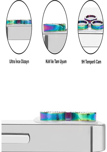 Apple iPhone 11 Pro Max ile Uyumlu Gökkuşağı Taşlı Tasarım Temperli Cam Kamera Lens Koruyucu