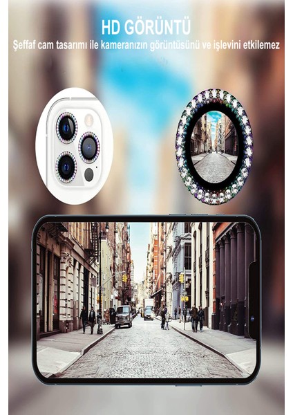 Apple iPhone 11 Pro Max ile Uyumlu Gökkuşağı Taşlı Tasarım Temperli Cam Kamera Lens Koruyucu