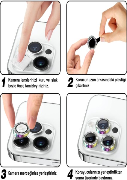 Apple iPhone 11 Pro Max ile Uyumlu Gökkuşağı Taşlı Tasarım Temperli Cam Kamera Lens Koruyucu