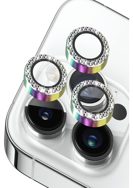Apple iPhone 12 Pro ile Uyumlu Gökkuşağı Taşlı Tasarım Temperli Cam Kamera Lens Koruyucu