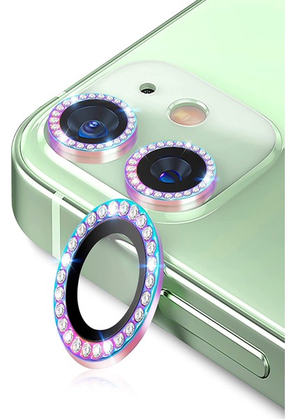 Kzy Apple iPhone 11 ile Uyumlu Rainbow Taşlı Tasarım Temperli Cam Kamera Lens Koruyucu