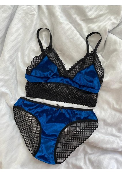 Mj Butik Mavi Kadife Dantelli  Bralette Takım