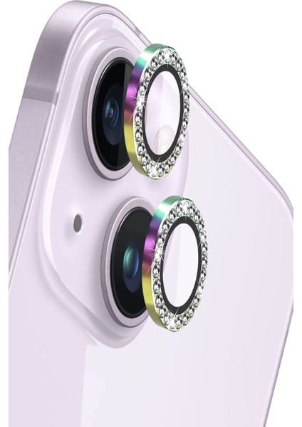 Apple iPhone 13 Mini ile Uyumlu Gökkuşağı Taşlı Tasarım Temperli Cam Kamera Lens Koruyucu