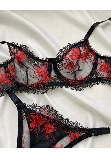 Mj Butik Bonny Kırmızı Çiçekli  Bralette Takım