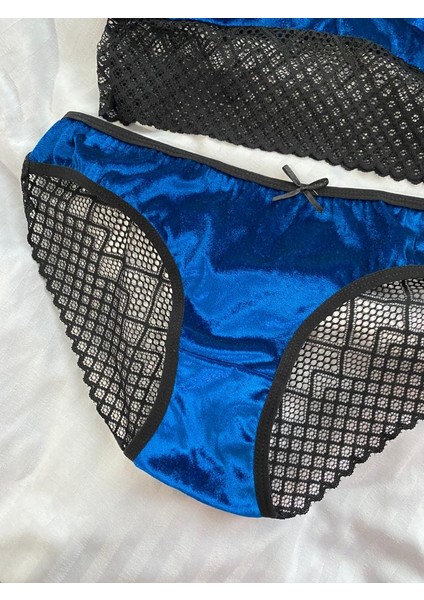 Mj Butik Mavi Kadife Dantelli  Bralette Takım