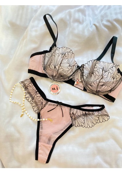 Mj Butik Lola Pudra Pembe Çiçekli Bralette Takım