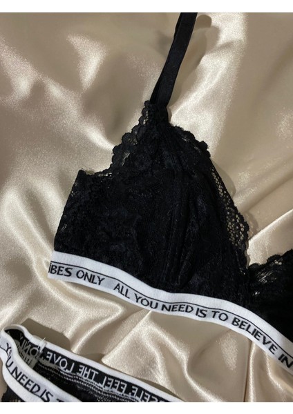 Mj Butik Dantelli Yazılı Bralette Takım