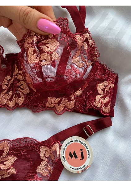 Mj Butik Dantelli Çiçekli Bordo Bralette Takım