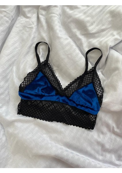 Mj Butik Mavi Kadife Dantelli  Bralette Takım