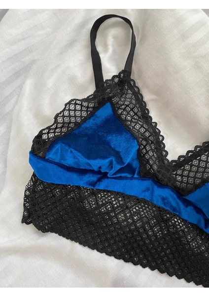 Mj Butik Mavi Kadife Dantelli  Bralette Takım