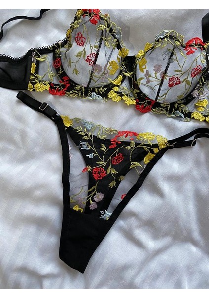 Bella Çiçekli Siyah Bralette Takım