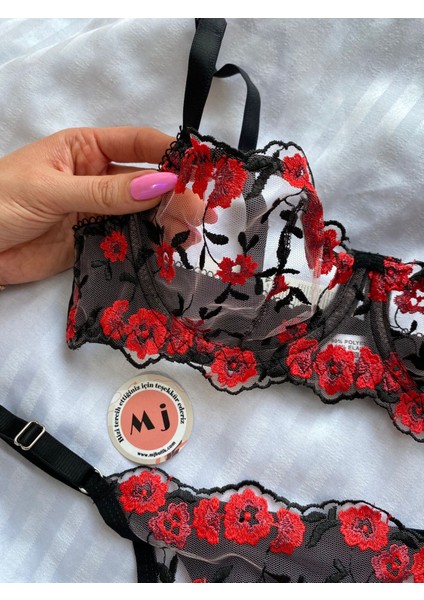 Mj Butik Beatriz Kırmızı Çiçekli  Bralette Takım