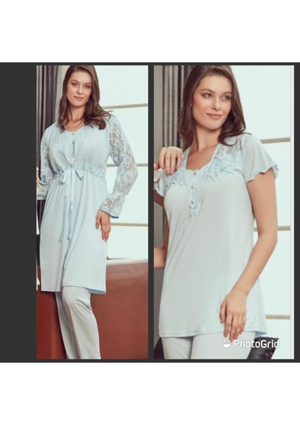 4902 Mavi Hamile Lohusa 3 Lü Dantel Kollu Pijama Sabahlık