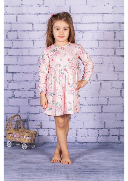 Kız Çocuk Çiçek Desenli Uzun Kollu Elbise