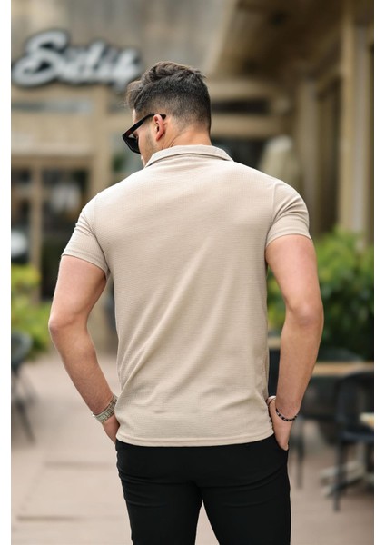 Gofret Desen Kısa Kol Fit Gömlek - Bej modelleri