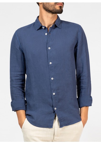 Standart Düğmeli Yaka Lacivert Erkek Gömlek Mr Linen Shirt