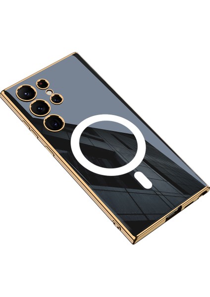 Galaxy S23 Ultra Kılıf Wireless Şarj Özellikli Kenarları Elektroplating Kaplama Aynalı Kapak (Kent)