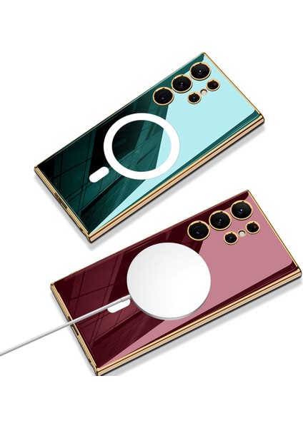 Galaxy S23 Ultra Kılıf Wireless Şarj Özellikli Kenarları Elektroplating Kaplama Aynalı Kapak (Kent)