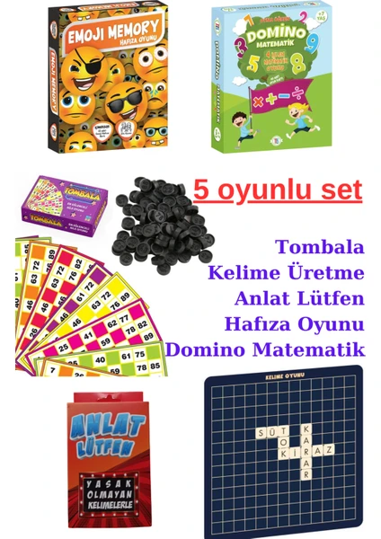 Oyun ve Sanat 5'li Eğlence Oyun Seti- Tombala, Kelime Oyunu ,emoji Memory Hafıza, Domino Matematik, Anlat Lütfen