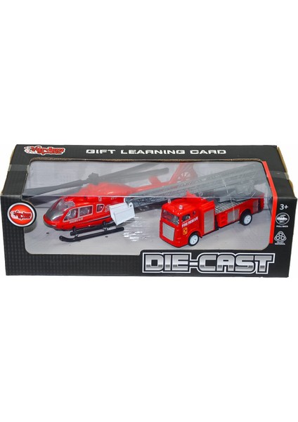XFD1079 Kutulu Çek Bırak Die-Cast Itfaiye ve Helikopter - Vardem Oyuncak