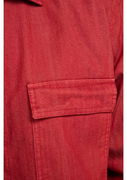 Slim Fit Denim Çift Cep Kapaklı Metal Düğme Erkek Kırmızı Gömlek indirimleri