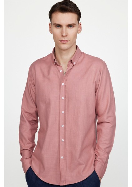 Slim Fit Uzun Kol Biyeli Yaka Düğmeli Keten Erkek Pudra Gömlek