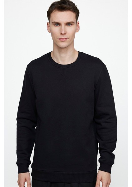 Unisex Relax Fit Rahat Kesim %100 Pamuk Basic Siyah Bisiklet Yaka Sweatshirt