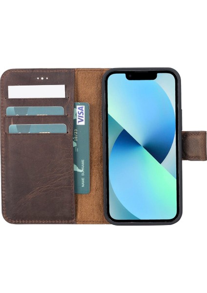 Apple iPhone 13 Mini Uyumlu Deri Cüzdanlı Kılıf G6 Kahverengi modelleri