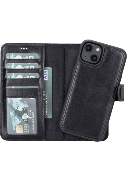 Apple iPhone 14 Uyumlu Deri Cüzdanlı Kılıf Mwwn Rst1 Siyah