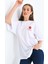Kadın Beyaz Sırtı Kırmızı Baskılı Oversize Bisiklet Yaka Örme T-Shirt 1