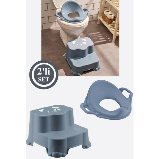 Flosoft Kaydırmaz Çift Basamaklı Çocuk Taburesi ve Klozet Tuvalet Alıştırma Adaptörü 2'li Set Mavi