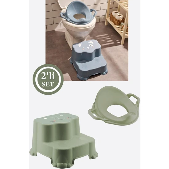 Flosoft Kaydırmaz Çift Basamaklı Çocuk Taburesi ve Klozet Tuvalet Alıştırma Adaptörü 2'li Set Yeşil